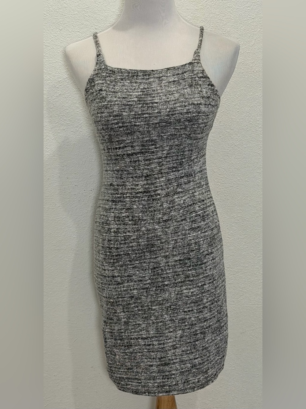 Almost Famous Tweed Bodycon Mini Dress Medium Gray Black Spaghetti Strap Y2K